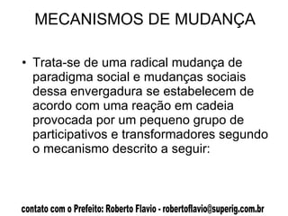 MECANISMOS DE MUDANÇA Trata-se de uma radical mudança de paradigma social e mudanças sociais dessa envergadura se estabelecem de acordo com uma reação em cadeia provocada por um pequeno grupo de participativos e transformadores segundo o mecanismo descrito a seguir: 