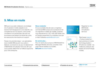 IBM Mobile Virtualisation Services Profil des services
5. Mise en route
19
1 Les services 2 Composants des services 3 Déploiement 4 Prestation de service
IBM peut vous aider à élaborer une stratégie
de virtualisation mobile adaptée à vos
besoins technologiques et à vos objectifs. Les
compétences de nos experts, notre portée
mondiale et nos partenariats clés avec les
fournisseurs permettent de réduire les coûts,
les ressources et les besoins en support.
Passez à la première étape : Les spécialistes
de la mobilité IBM peuvent vous aider à
élaborer une étude de cas pour le déploiement
d'IBM Mobile Virtualisation Services afin que
vous puissiez déterminer la meilleure approche
pour votre entreprise.
Nous contacter
Si vous souhaitez discuter avec un ingénieur
commercial IBM à propos de vos besoins et de
vos objectifs en matière de mobilité, contactez-
nous directement au 1-877-426-3287 (Etats-Unis
et Canada uniquement). Ou contactez-nous par
e-mail à l'adresse express@us.ibm.com.
En savoir plus…
Pour en savoir plus à propos d'IBM MobileFirst
Managed Mobility Services, consultez notre
page Internet dédiée à la mobilité :
ibm.com/services/mobility.
Regardez la vidéo
IBM Mobile
Virtualisation
Services 	
Téléchargez rapport
« Putting mobile first :
best practices of mobile
technology leaders »
(Priorité à la mobilité : les
meilleures pratiques des
leaders de la technologie
mobile).
5 Mise en route
	1	2
 