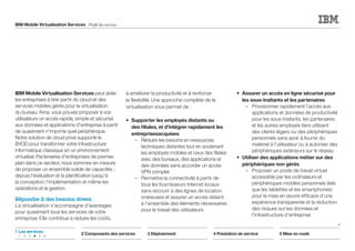 IBM Mobile Virtualisation Services Profil des services
IBM Mobile Virtualisation Services peut aider
les entreprises à tirer partir du cloud et des
services mobiles gérés pour la virtualisation
du bureau. Ainsi, vous pouvez proposer à vos
utilisateurs un accès rapide, simple et sécurisé
aux données et applications d'entreprise à partir
de quasiment n'importe quel périphérique.
Notre solution de cloud privé supporte le
BYOD pour transformer votre infrastructure
informatique classique en un environnement
virtualisé. Partenaires d'entreprises de premier
plan dans ce secteur, nous sommes en mesure
de proposer un ensemble solide de capacités ;
depuis l'évaluation et la planification jusqu'à
la conception, l'implémentation et même les
opérations et la gestion.
Répondre à des besoins divers
La virtualisation s'accompagne d'avantages
pour quasiment tous les services de votre
entreprise. Elle contribue à réduire les coûts,
à améliorer la productivité et à renforcer
la flexibilité. Une approche complète de la
virtualisation vous permet de :
•	 Supporter les employés distants ou
des filiales, et d'intégrer rapidement les
entreprisesacquises
		 –	Réduire les besoins en ressources
techniques distantes tout en soutenant
les employés mobiles et ceux des filiales
avec des bureaux, des applications et
des données sans accorder un accès
VPN complet
		 –	Permettre la connectivité à partir de
tous les fournisseurs Internet locaux
sans recourir à des lignes de location
onéreuses et assurer un accès distant
à l'ensemble des éléments nécessaires
pour le travail des utilisateurs
•	 Assurer un accès en ligne sécurisé pour
les sous-traitants et les partenaires
		 –	Provisionner rapidement l'accès aux
applications et données de productivité
pour les sous-traitants, les partenaires
et les autres employés tiers utilisant
des clients légers ou des périphériques
personnels sans avoir à fournir du
matériel à l'utilisateur ou à autoriser des
périphériques extérieurs sur le réseau
•	 Utiliser des applications métier sur des
périphériques non gérés
		 –	Proposer un poste de travail virtuel
accessible par les ordinateurs et
périphériques mobiles personnels (tels
que les tablettes et les smartphones)
pour la mise en œuvre efficace d'une
expérience transparente et la réduction
des risques sur les données et
l'infrastructure d'entreprise
2 Composants des services 3 Déploiement 4 Prestation de service 5 Mise en route
1	Les services
	1	2	3	4 	 5	6
4
 