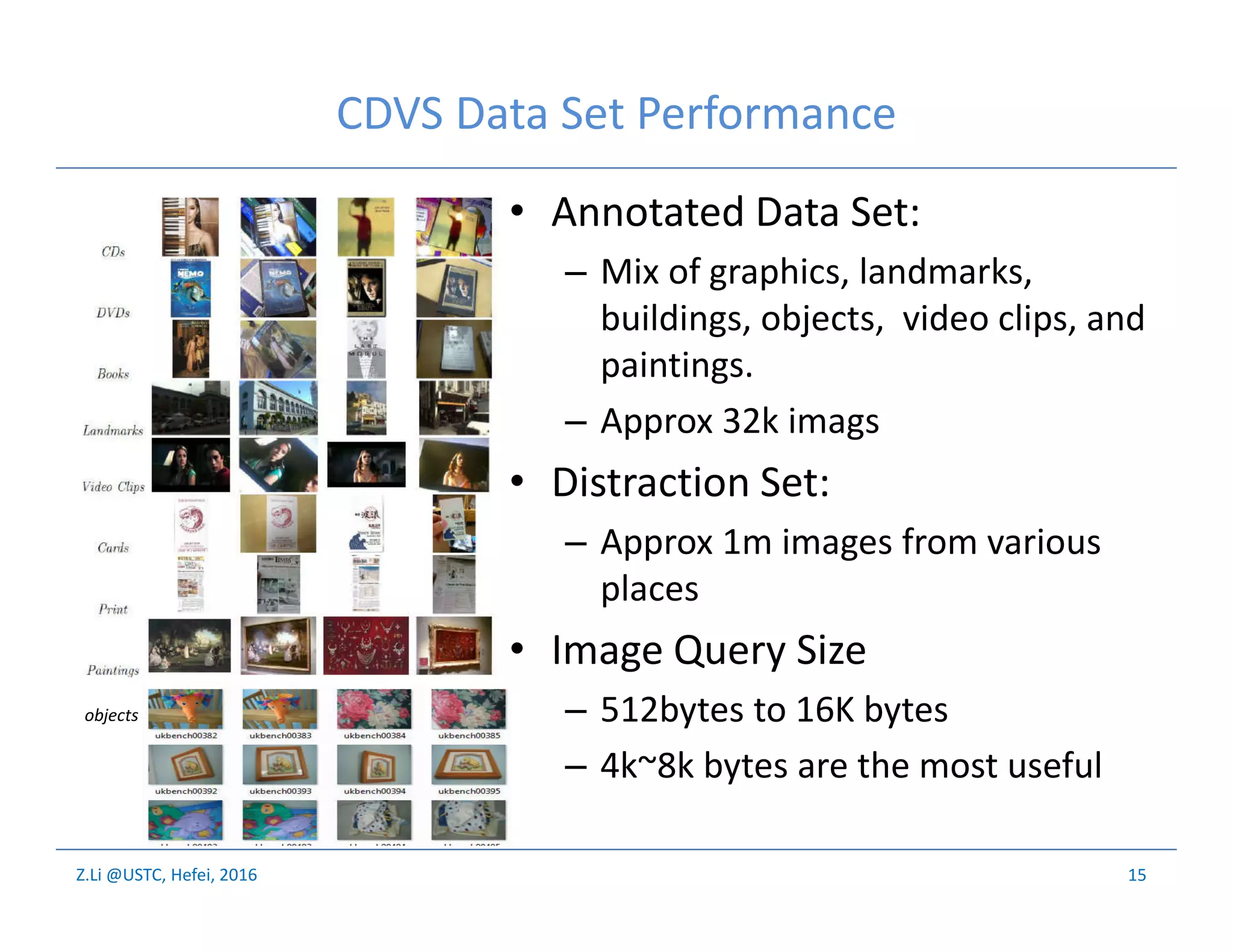 Z.Li @USTC, Hefei, 2016
CDVS Data Set Performance
• Annotated Data Set:
– Mix of graphics, landmarks,
buildings, objects, video clips, and
paintings.
– Approx 32k imags
• Distraction Set:
– Approx 1m images from various
places
• Image Query Size
– 512bytes to 16K bytes
– 4k~8k bytes are the most useful
objects
15
 