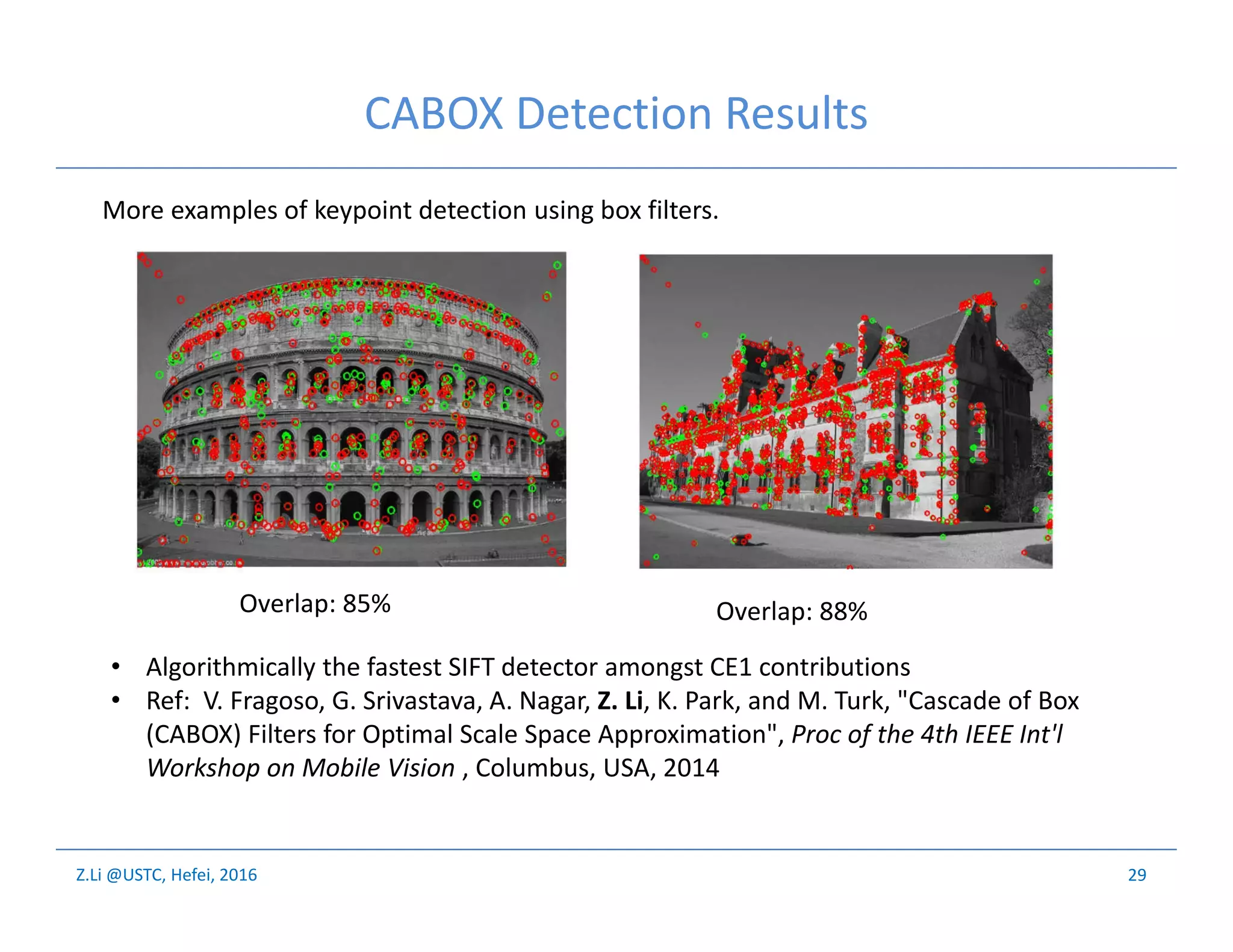 Z.Li @USTC, Hefei, 2016
CABOX Detection Results
29
More examples of keypoint detection using box filters.
Overlap: 85% Overlap: 88%
• Algorithmically the fastest SIFT detector amongst CE1 contributions
• Ref: V. Fragoso, G. Srivastava, A. Nagar, Z. Li, K. Park, and M. Turk, "Cascade of Box
(CABOX) Filters for Optimal Scale Space Approximation", Proc of the 4th IEEE Int'l
Workshop on Mobile Vision , Columbus, USA, 2014
 