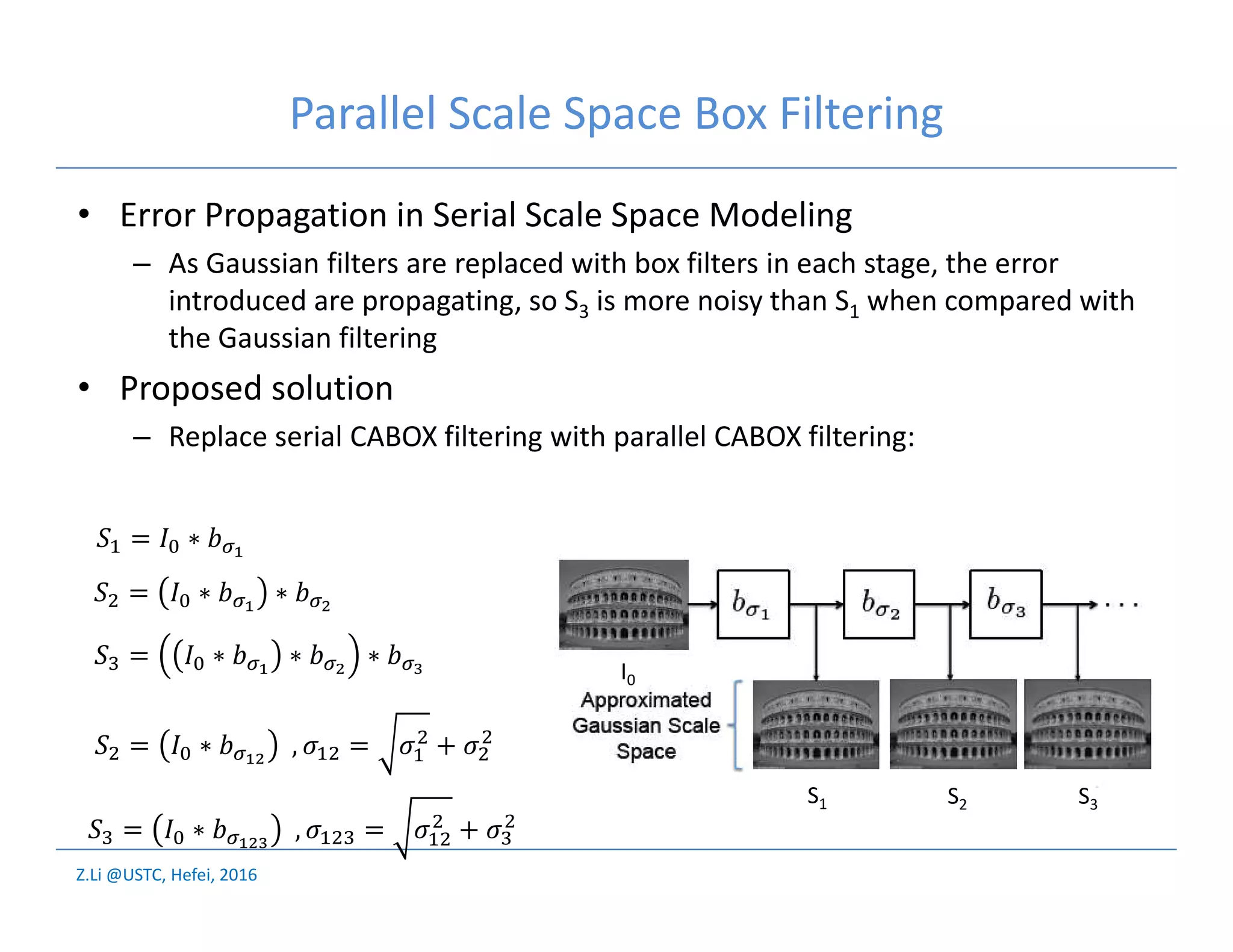 Z.Li @USTC, Hefei, 2016
I0
S1 S2 S3
Parallel Scale Space Box Filtering
• Error Propagation in Serial Scale Space Modeling
– As Gaussian filters are replaced with box filters in each stage, the error
introduced are propagating, so S3 is more noisy than S1 when compared with
the Gaussian filtering
• Proposed solution
– Replace serial CABOX filtering with parallel CABOX filtering:
= ∗
= ∗ ∗
= ∗ ∗ ∗
= ∗ , = +
= ∗ , = +
 