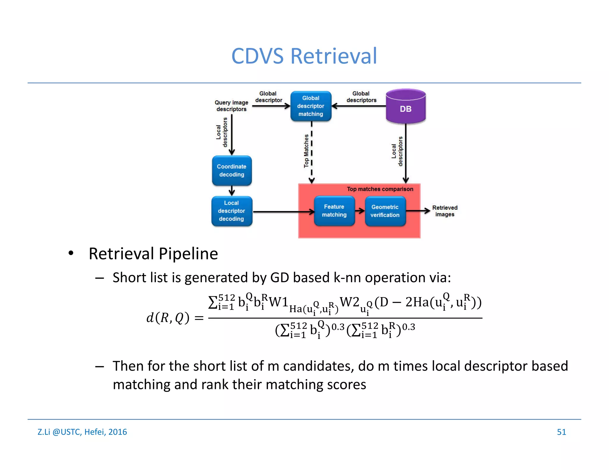 Z.Li @USTC, Hefei, 2016
CDVS Retrieval
• Retrieval Pipeline
– Short list is generated by GD based k-nn operation via:
– Then for the short list of m candidates, do m times local descriptor based
matching and rank their matching scores
51
, =
∑ b b W1 ( , )
W2 (D − 2Ha(u , u ))
(∑ b ) . (∑ b ) .
 