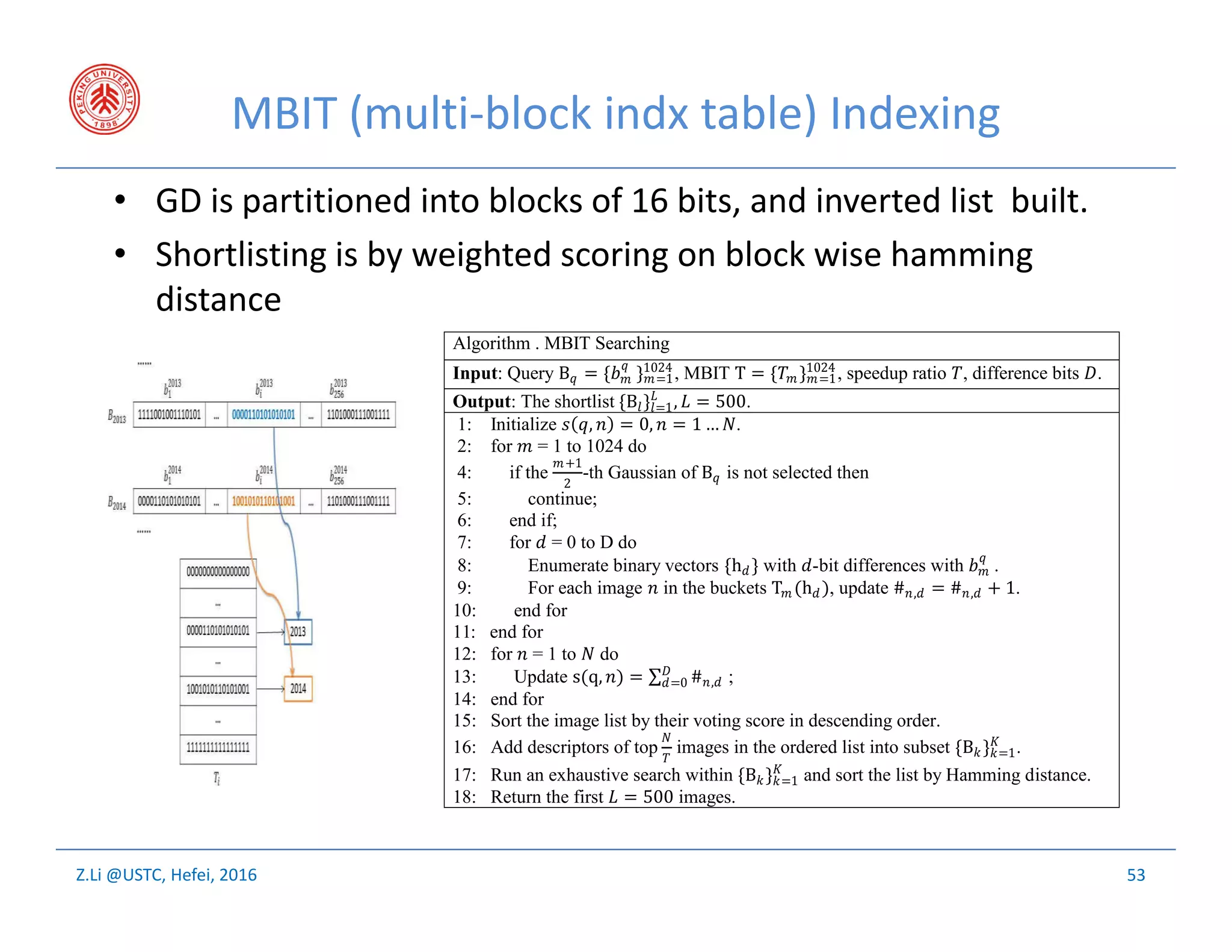 Z.Li @USTC, Hefei, 2016
MBIT (multi-block indx table) Indexing
• GD is partitioned into blocks of 16 bits, and inverted list built.
• Shortlisting is by weighted scoring on block wise hamming
distance
53
Algorithm . MBIT Searching
Input: Query B = { } =1
1024
, MBIT T = { } =1
1024
, speedup ratio , difference bits .
Output: The shortlist {B } =1, = 500.
1: Initialize ( , ) = 0, = 1 … .
2: for = 1 to 1024 do
4: if the
+1
2
-th Gaussian of B is not selected then
5: continue;
6: end if;
7: for = 0 to D do
8: Enumerate binary vectors {h } with -bit differences with .
9: For each image in the buckets T (h ), update # , = # , + 1.
10: end for
11: end for
12: for = 1 to do
13: Update s(q, ) = ∑ # ,=0 ;
14: end for
15: Sort the image list by their voting score in descending order.
16: Add descriptors of top images in the ordered list into subset {B } =1.
17: Run an exhaustive search within {B } =1 and sort the list by Hamming distance.
18: Return the first = 500 images.
 