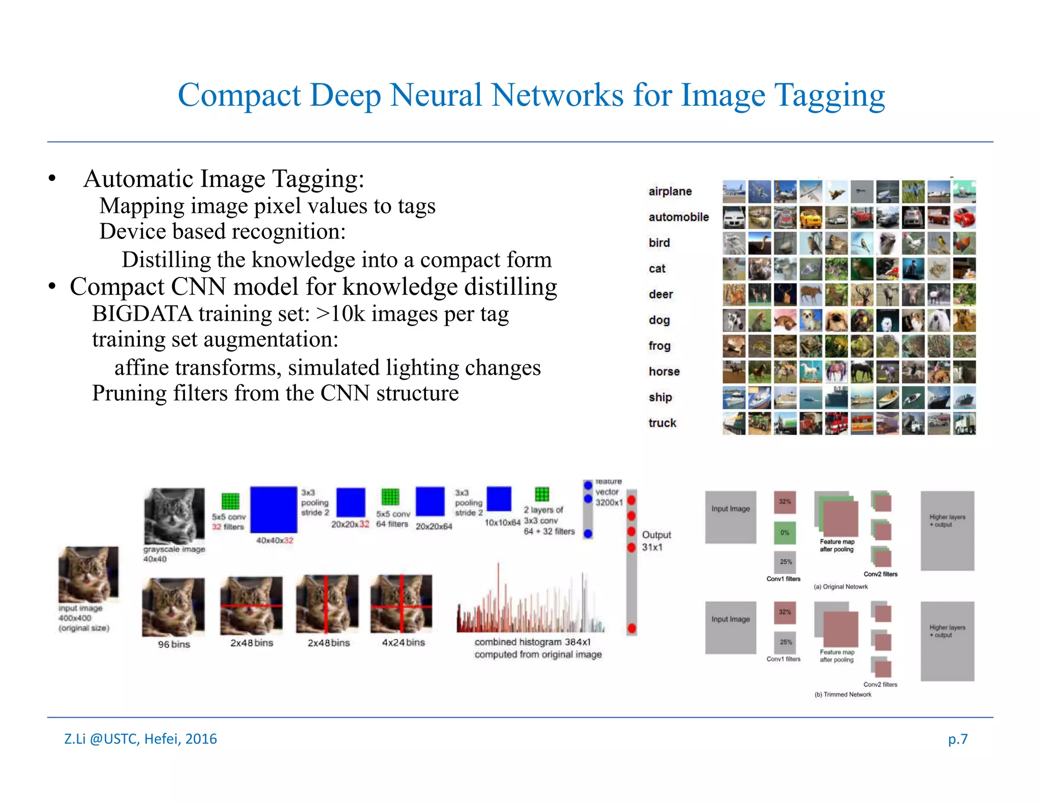Z.Li @USTC, Hefei, 2016
• Compact Deep Neural Networks for Image Tagging
• Automatic Image Tagging:
• Mapping image pixel values to tags
• Device based recognition:
• Distilling the knowledge into a compact form
• Compact CNN model for knowledge distilling
– BIGDATA training set: >10k images per tag
– training set augmentation:
» affine transforms, simulated lighting changes
– Pruning filters from the CNN structure
p.7
 