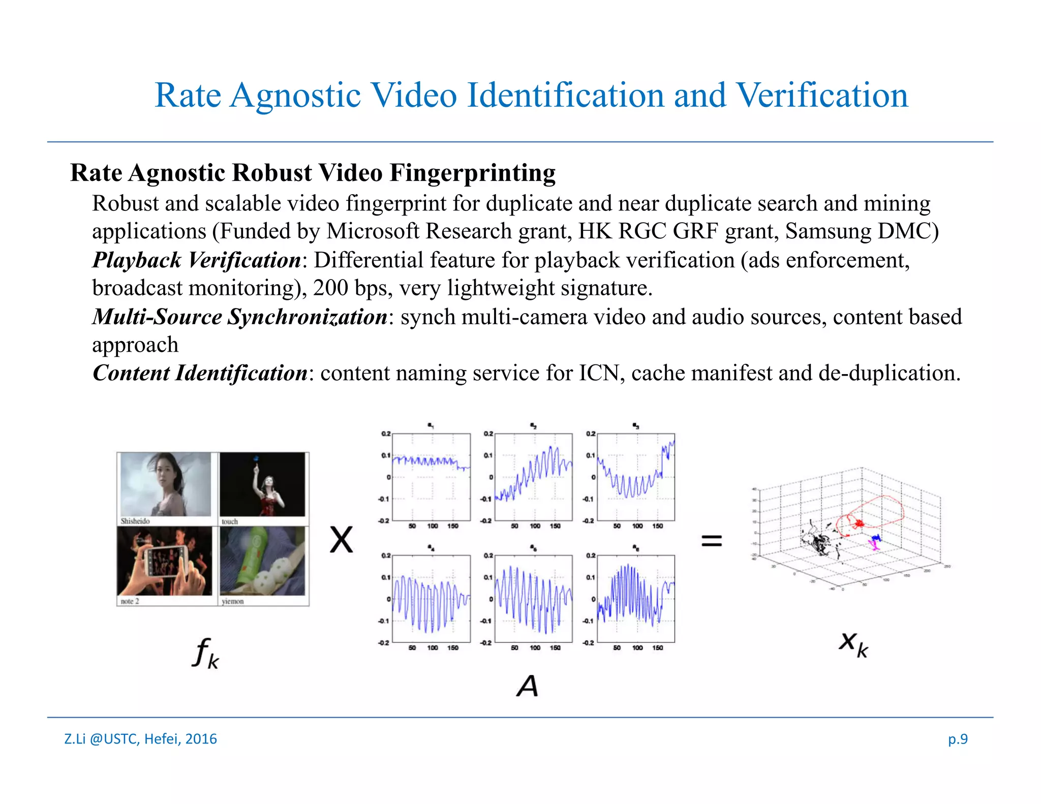 Z.Li @USTC, Hefei, 2016
• Rate Agnostic Video Identification and Verification
• Rate Agnostic Robust Video Fingerprinting
– Robust and scalable video fingerprint for duplicate and near duplicate search and mining
applications (Funded by Microsoft Research grant, HK RGC GRF grant, Samsung DMC)
– Playback Verification: Differential feature for playback verification (ads enforcement,
broadcast monitoring), 200 bps, very lightweight signature.
– Multi-Source Synchronization: synch multi-camera video and audio sources, content based
approach
– Content Identification: content naming service for ICN, cache manifest and de-duplication.
p.9
 