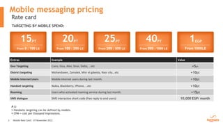Mobile messaging pricing
    Rate card
     TARGETING BY MOBILE SPEND:


             15       PT                       20        PT                       25       PT           40        PT                1 EGP
         From   0 : 100 LE                 From   100 : 200 LE                 From   200 : 500 LE   From   500 : 1000 LE       From 1000LE


    Extras                             Example                                                                              Value

    Geo Targeting                      Cairo, Giza, Alex, Sinai, Delta, …etc                                                        +5pt
    District targeting                 Mohandseen, Zamalek, Misr el gdeeda, Nasr city,..etc                                         +10pt
    Mobile Internet Users              Mobile internet users during last month.                                                     +10pt
    Handset targeting                  Nokia, Blackberry, iPhone, …etc                                                              +10pt
    Roaming                            Users who activated roaming service during last month.                                       +15pt
    SMS dialogue                       SMS interactive short code (free reply to end users)                                  10,000 EGP/ month

    P.S:
      Handsets targeting can be defined by models.
      CPM = cost per thousand impressions.

1     Mobile Rate Card| 07 November 2012
 