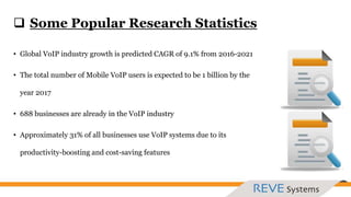  Some Popular Research Statistics
• Global VoIP industry growth is predicted CAGR of 9.1% from 2016-2021
• The total number of Mobile VoIP users is expected to be 1 billion by the
year 2017
• 688 businesses are already in the VoIP industry
• Approximately 31% of all businesses use VoIP systems due to its
productivity-boosting and cost-saving features
 