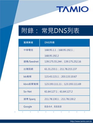 http://www.tamio.com.tw
附錄： 常見DNS列表
寬頻業者 DNS列表
中華電信 168.95.1.1；168.95.192.1；
168.95.192.2
遠傳/Seednet 139.175.55.244；139.175.252.16
台灣固網 61.31.233.1；211.78.215.137
bb寬頻 115.43.115.1；203.133.10.67
kbro凱擘寬頻 123.193.111.11；123.193.111.69
So-Net 61.64.127.1；61.64.127.2
速博 Sparq 211.78.130.1；211.78.130.2
Google 8.8.4.4；8.8.8.8
 