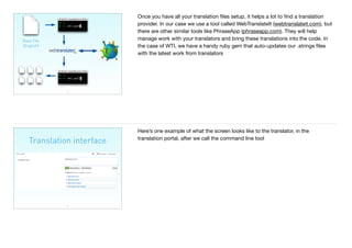 17
Base File
(English)
Once you have all your translation ﬁles setup, it helps a lot to ﬁnd a translation
provider. In our case we use a tool called WebTranslateIt (webtranslateit.com), but
there are other similar tools like PhraseApp (phraseapp.com). They will help
manage work with your translators and bring these translations into the code. In
the case of WTI, we have a handy ruby gem that auto-updates our .strings ﬁles
with the latest work from translators
Translation interface
18
Here’s one example of what the screen looks like to the translator, in the
translation portal, after we call the command line tool
 