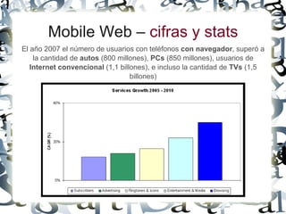 Mobile Web – cifras y stats
El año 2007 el número de usuarios con teléfonos con navegador, superó a
    la cantidad de autos (800 millones), PCs (850 millones), usuarios de
   Internet convencional (1,1 billones), e incluso la cantidad de TVs (1,5
                                  billones)
 