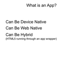 What is an App?



Can Be Device Native
Can Be Web Native
Can Be Hybrid
(HTML5 running through an app wrapper)
 