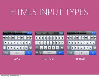 HTML5 INPUT TYPES




                text         number   e-mail



Wednesday, November 21, 12
 