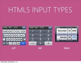 HTML5 INPUT TYPES




                 url         tel   date



Wednesday, November 21, 12
 