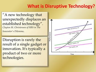 WhatisDisruptiveTechnology?<br />“A new technology that unexpectedly displaces an established technology”. Clayton M. Chri...