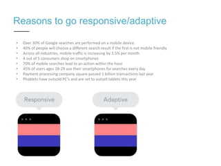 Reasons to go responsive/adaptive
• Over 30% of Google searches are performed on a mobile device.
• 40% of people will choose a different search result if the first is not mobile friendly
• Across all industries, mobile traffic is increasing by 3.5% per month
• 4 out of 5 consumers shop on smartphones
• 70% of mobile searches lead to an action within the hour
• 45% of users ages 18-29 use their smartphones for searches every day
• Payment processing company square passed 1 billion transactions last year
• Phablets have outsold PC’s and are set to outsell tablets this year
 