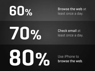 60%   Browse the web at
      least once a day.




70%   Check email at
      least once a day.




80%   Use iPhone to
 ...