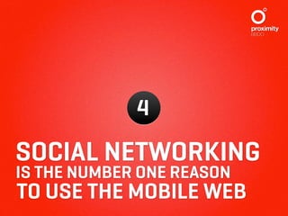 4

SOCIAL NETWORKING
IS THE NUMBER ONE REASON
TO USE THE MOBILE WEB
 