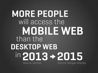 MORE PEOPLE
 will access the
  MOBILE WEB
  than the
DESKTOP WEB
 in 2013 2015
  Source: Gartner   Source: Morgan Stanley
 