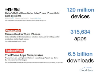 120 million
http://blog.wired.com/gadgets/2009/02/shoot-is-iphone.html#c148364123
                                                                                               devices

                                                                                               315,634
http://www.newsweek.com/id/174266
                                                                                                apps

                                                                                              6.5 billion
http://businessweek.com/@@0M43kIYQYKPISw0A/technology/content/sep2008/tc20080930_257832.htm   downloads
 