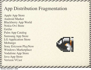 App Distribution Fragmentation
    Apple App Store 
    Android Market 
    Blackberry App World 
    Nokia Ovi Store 
    GetJar 
    Palm App Catalog 
    Samsung App Store 
    LG Application Store 
    Mobango 
    Sony Ericsson PlayNow 
    Windows Marketplace 
    Vodafone App Store 
    Java App Store 
    Verizon VCast

Monday, December 7, 2009
 