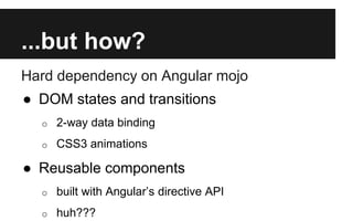 ...but how?
Hard dependency on Angular mojo
● DOM states and transitions
o 2-way data binding
o CSS3 animations
● Reusable components
o built with Angular’s directive API
o huh???
 