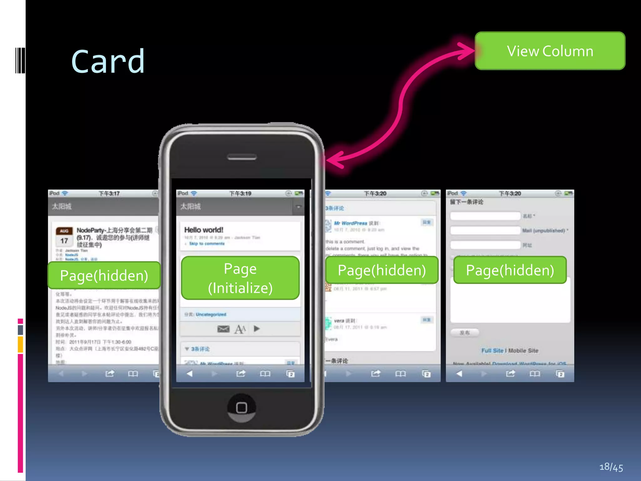 View Column
 Card




Page(hidden)      Page        Page(hidden)   Page(hidden)
               (Initialize)




                                                                18/45
 