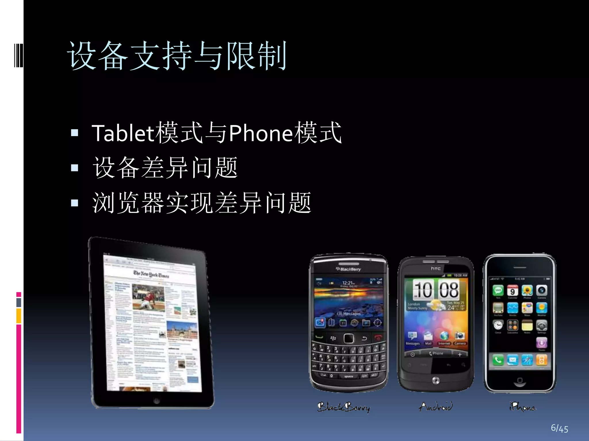 设备支持与限制

 Tablet模式与Phone模式
 设备差异问题
 浏览器实现差异问题




                     6/45
 