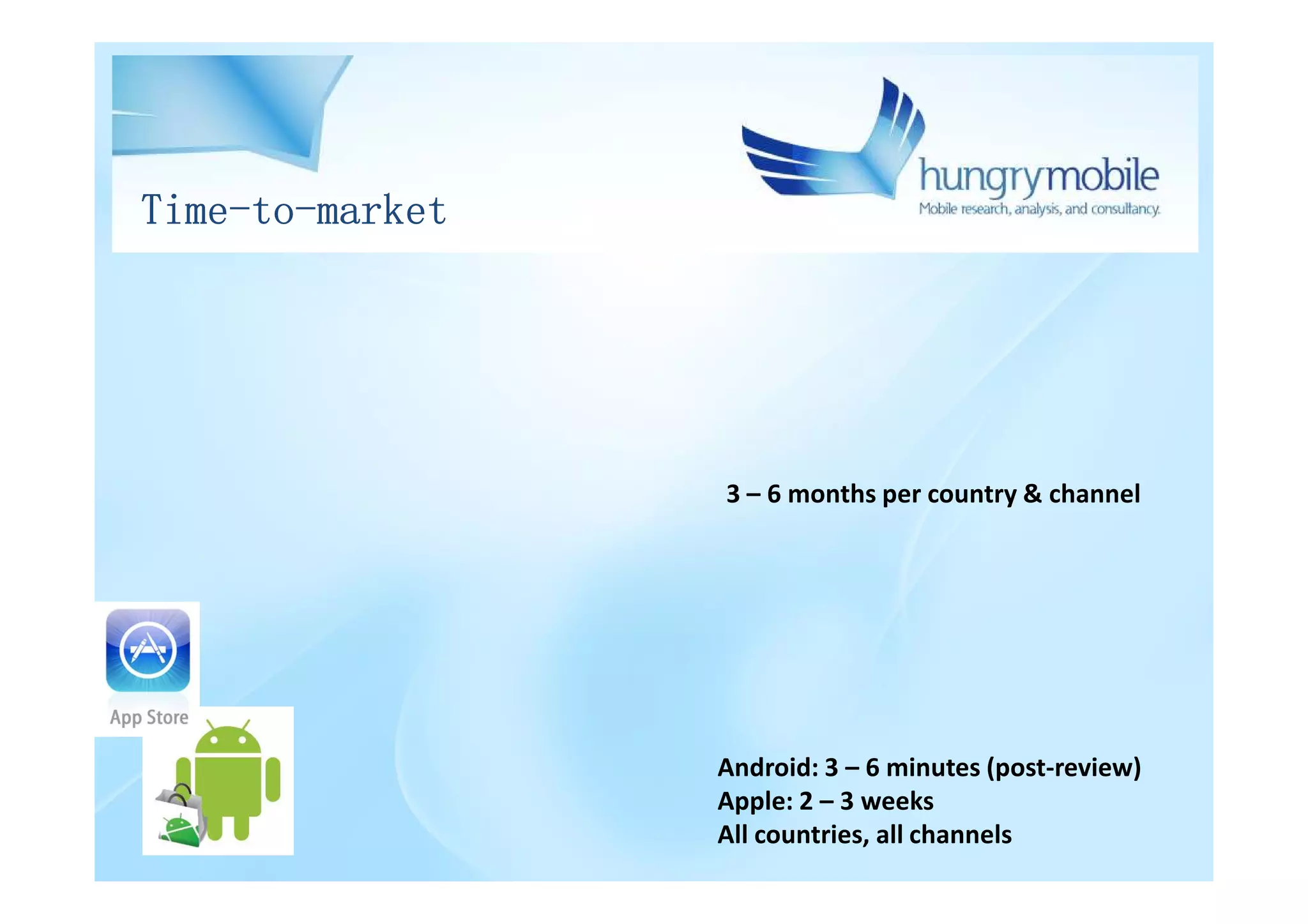 Time-to-market




                 3 – 6 months per country & channel




                 Android: 3 – 6 minutes (post-review)
                 Apple: 2 – 3 weeks
                 All countries, all channels
 