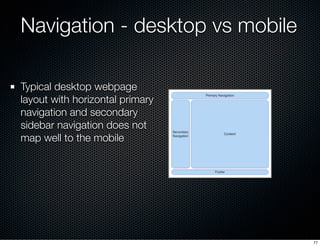 Navigation - desktop vs mobile

Typical desktop webpage
layout with horizontal primary
navigation and secondary
sidebar na...
