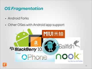 OS Fragmentation
• Android Forks
• Other OSes with Android app support

!10

 