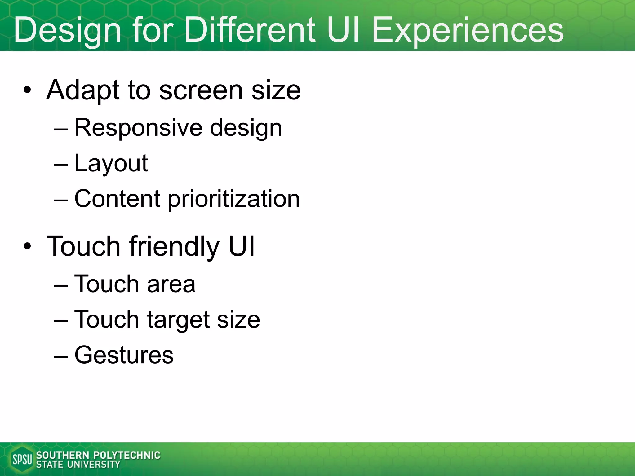 Trending for Mobile Web
http://www.telerik.com/blogs/everything-you-wanted-to-know-
about-native-hybrid-and-web-apps-but-were-afraid-to-ask
http://www.mediapost.com/publications/article/265873/cons
umers-may-prefer-mobile-web-to-apps.html
A recent survey of U.S. consumers by
Quixey (in 2015) found that 66% of
respondents said they prefer the mobile
Web to apps.
http://www.appcelerator.com/resource-
center/research/2015-mobile-trends-report/
50% use on a
daily basis among
adoption leaders.
 