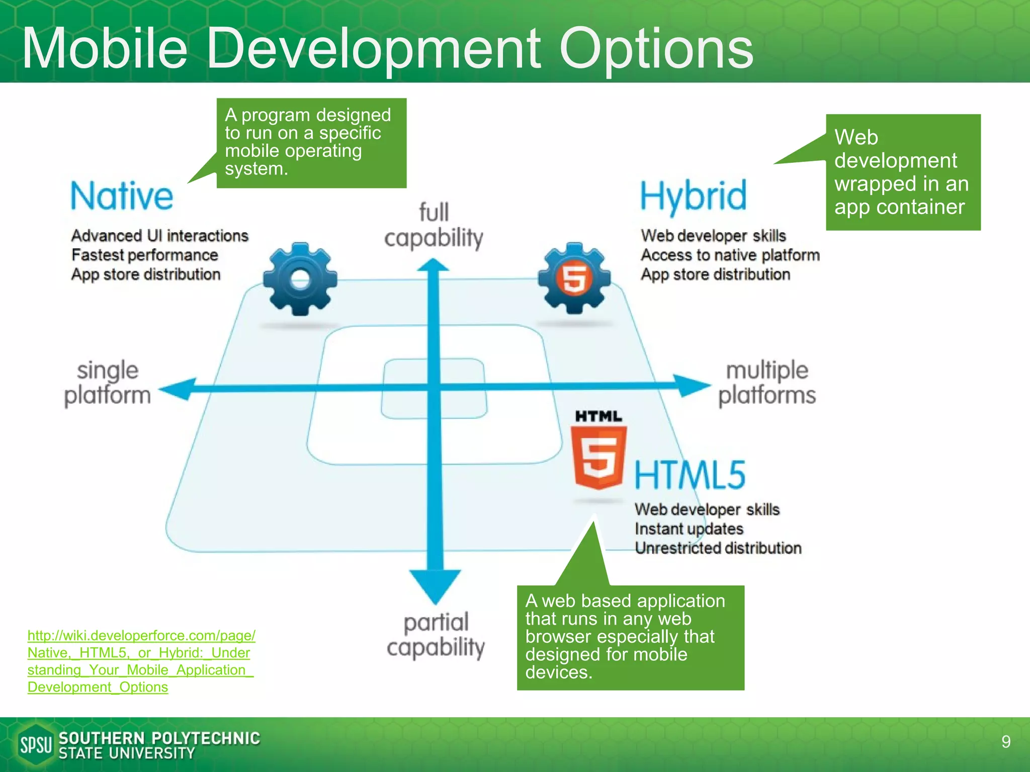 Why? Differences?
• Why to make website mobile friendly?
– Non-mobile-friendly sites create user experience and functional problems
– Search engines also include mobile friendliness as in ranking - https://support.google.com/adsense/answer/6196932
• Screen
– Screen size is generally smaller http://www.statista.com/chart/2269/smartphone-shipments-by-screen-size/
– Screen resolution is lower and density is higher http://developer.android.com/about/dashboards/index.html
– Fragmented market: properties vary a lot among devices
– Orientation: vertical screens accounts for 29% of usage
• Interaction method: touch is different form pointing device
– https://www.nngroup.com/articles/mouse-vs-fingers-input-device/
• Connection and speed
– Mobile device connection is less stable, inconsistent, and slower
• Device capability
– Mobile devices have much more functionality integrated: cam, mic, sensors, GPS, etc.
• Browser capability
– Compatibility: browser behaviors are different
– Fixed browser size (on the same device)
– Viewport, automatic zooming
– Delay: have a more noticeable delay as the application resides on the web versus directly on the native platform
– Weaker plug-in support
9
 