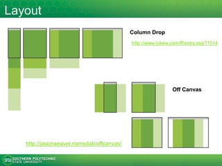 Responsive Web Design
Responsive Web Design (RWD) is a Web design approach
aimed at crafting sites to provide an optimal viewing
experience, easy reading and navigation with a minimum of
resizing, panning, and scrolling, across a wide range of
screen sizes and devices.
• Ethan Marcotte coined the term responsive web design
and defined it to mean fluid grid/ flexible images/ media
queries in a May 2010 article in A List Apart
– http://alistapart.com/article/responsive-web-design
• Basic principles and practices
– Fluid grid - no horizontal scrolling
– Adaptive/flexible image
– Media query
 