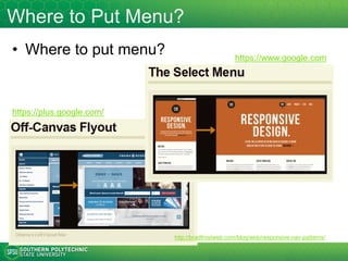 Adaptive – Dynamic Serving
• Adaptive design is about serving pages based on device
feature detection
– Also called dynamic serving as in
http://www.google.com/think/multiscreen/whitepaper-
multiscreenconsumer.html
• Adaptive design has different perspectives
– http://bradfrost.com/blog/post/the-many-faces-of-adaptive-
design/
– https://css-tricks.com/the-difference-between-responsive-and-
adaptive-design/ - this one drives a lot of discussions – I also
agree with most comments but not the article itself
• RESS: Responsive Design + Server Side Components
– http://www.lukew.com/ff/entry.asp?1392
• Comparison: http://www.lukew.com/ff/entry.asp?1509
20
 