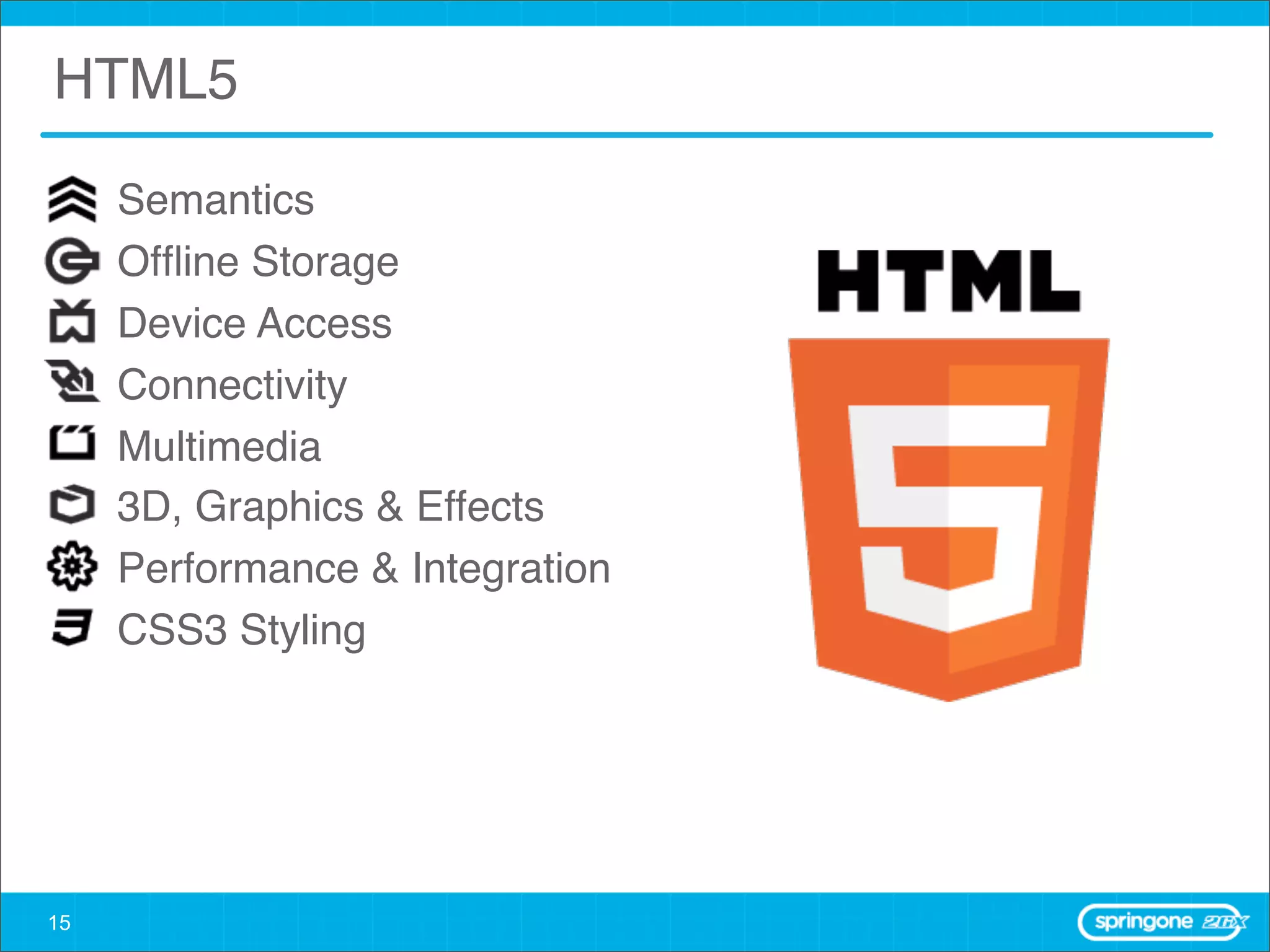 HTML5

     Semantics
     Ofﬂine Storage
     Device Access
     Connectivity
     Multimedia
     3D, Graphics & Effects
     Performance & Integration
     CSS3 Styling




15
 