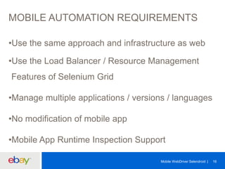 MOBILE AUTOMATION REQUIREMENTS
•Use the same approach and infrastructure as web
•Use the Load Balancer / Resource Management

Features of Selenium Grid
•Manage multiple applications / versions / languages
•No modification of mobile app
•Mobile App Runtime Inspection Support
Mobile WebDriver Selendroid

16

 
