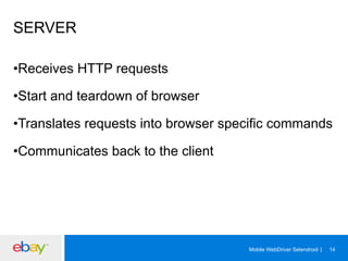 SERVER
• Receives HTTP requests
• Start and teardown of browser
• Translates requests into browser specific commands
• Communicates back to the client

Mobile WebDriver Selendroid

14

 