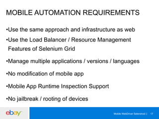 MOBILE AUTOMATION REQUIREMENTS
• Use the same approach and infrastructure as web
• Use the Load Balancer / Resource Management
Features of Selenium Grid
• Manage multiple applications / versions / languages
• No modification of mobile app
• Mobile App Runtime Inspection Support
• No jailbreak / rooting of devices
Mobile WebDriver Selendroid

17

 
