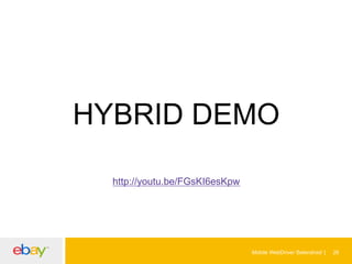 HYBRID DEMO
http://youtu.be/FGsKI6esKpw

Mobile WebDriver Selendroid

26

 