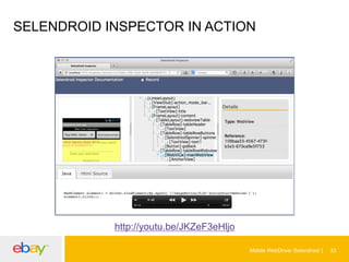 SELENDROID INSPECTOR IN ACTION

http://youtu.be/JKZeF3eHljo
Mobile WebDriver Selendroid

33

 