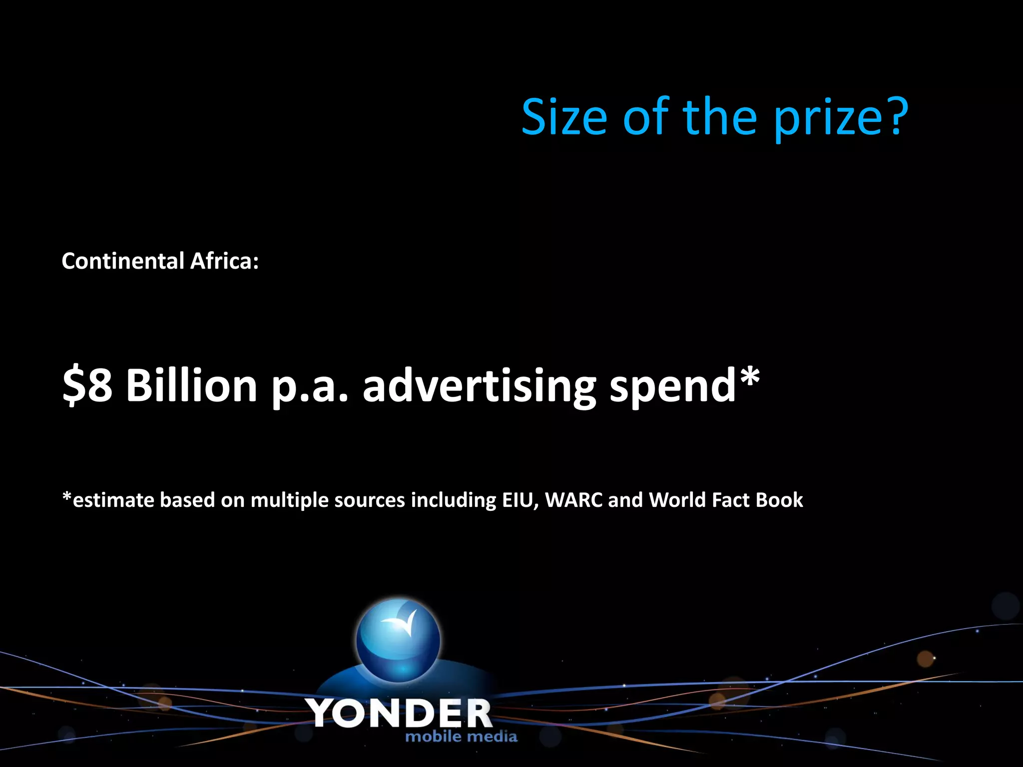 Size of the prize?

Continental Africa:




$8 Billion p.a. advertising spend*

*estimate based on multiple sources including EIU, WARC and World Fact Book
 