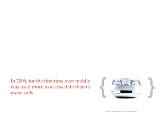 QuickTime™ and a
                                      decompressor
                              are needed to see this picture.




In 2009, for the first time ever mobile
was used more to access data than to
make calls.                                                     {                                         }
                                                                Source: Chetan Sharma, via Moconews.com
 