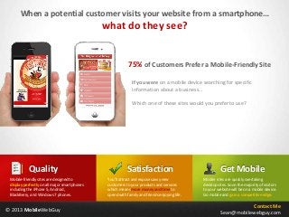 When a potential customer visits your website from a smartphone…
                                              what do they see?


                                                           75% of Customers Prefer a Mobile-Friendly Site

                                                             If you were on a mobile device searching for specific
                                                             information about a business…

                                                             Which one of these sites would you prefer to use?




           Quality                                        Satisfaction                                  Get Mobile
 Mobile-friendly sites are designed to         You'll attract and expose savvy new            Mobile sites are quickly overtaking
 display perfectly on all major smartphones    customers to your products and services        desktop sites. Soon the majority of visitors
 including the iPhone 5, Android,              which means more money and time to             to your website will be on a mobile device.
 BlackBerry, and Windows 7 phones.             spend with family and friends enjoying life.   Go mobile and gain a competitive edge.

                                                                                                                   Contact Me
© 2013 MobileWebGuy                                                                                     Sean@mobilewebguy.com
 