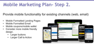 Mobile Marketing Plan- Step 2.
Provide mobile functionality for existing channels (web, email)
• Mobile Formatted Landing Pages
• Mobile Formatted Email
• Mobile coupons/mobile wallet
• Consider more mobile friendly
design.
• Larger buttons
• Larger Call to Action
 