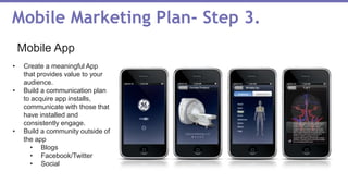 Mobile Marketing Plan- Step 3.
Mobile App
• Create a meaningful App
that provides value to your
audience.
• Build a communication plan
to acquire app installs,
communicate with those that
have installed and
consistently engage.
• Build a community outside of
the app
• Blogs
• Facebook/Twitter
• Social
 