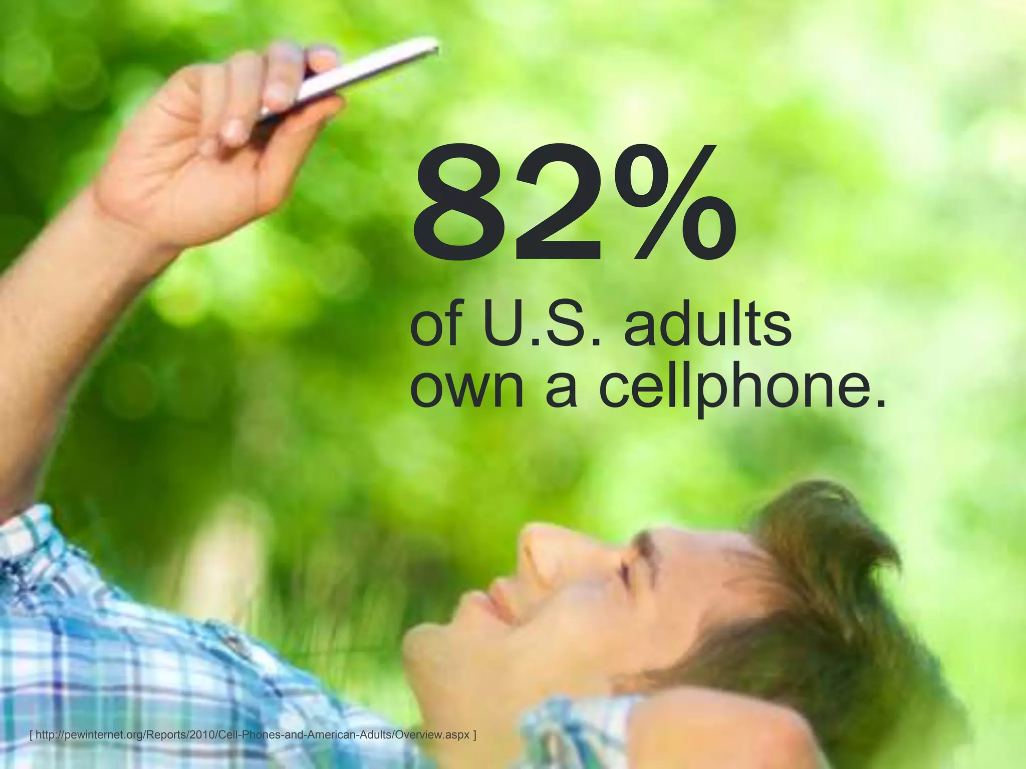 82%
                                                                        of U.S. adults
                                                                        own a cellphone.




[ http://pewinternet.org/Reports/2010/Cell-Phones-and-American-Adults/Overview.aspx ]
 