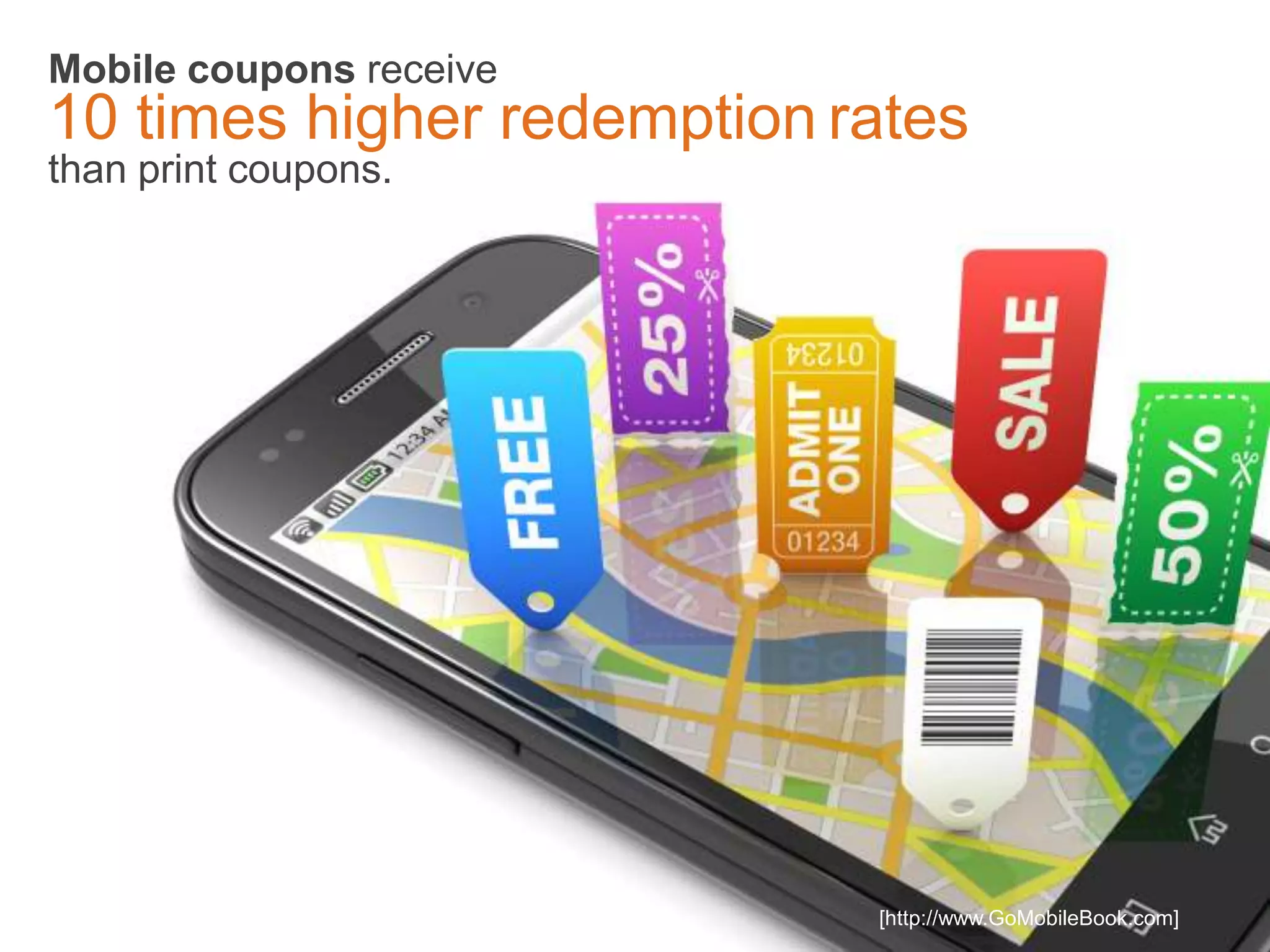 Mobile coupons receive
10 times higher redemption rates
than print coupons.




                            [http://www.GoMobileBook.com]
 