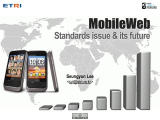 MobileWeb
Standards issue & its future



   Seungyun Lee
   <syl@etri.re.kr>
 