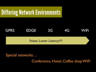 Differing Network Environments!
GPRS!

EDGE!

3G!

4G!

WiFi!

Faster, Lower Latency???!

Special networks…!
Conference, H...